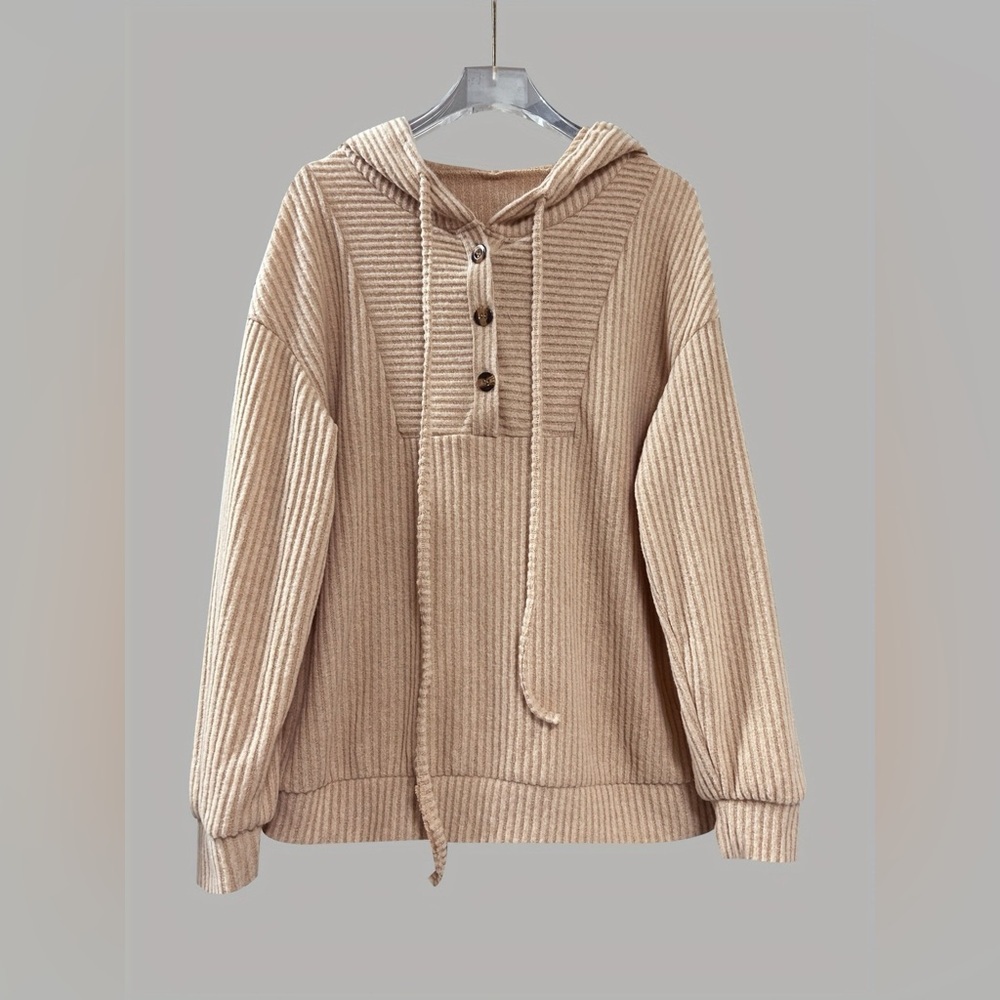 Button-Front Drawstring Hoodie - Picture 3 of 12